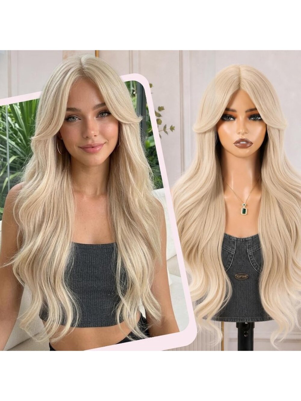 24 Inch Women's Fashion Light Blonde Long Synthetic Wavy Curly Wig with Bangs